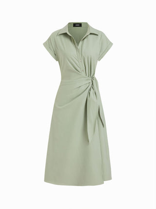 Linen-blend Short Sleeve Twist Knotted Shirt Midi Dress