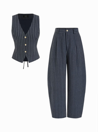 Linen-blend V-neck Striped Sleeveless Top & Mid Rise Tapered Trousers Set