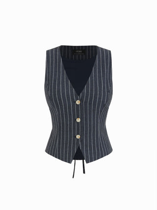 Linen-blend V-neck Striped Sleeveless Top & Mid Rise Tapered Trousers Set