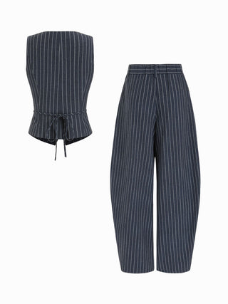 Linen-blend V-neck Striped Sleeveless Top & Mid Rise Tapered Trousers Set