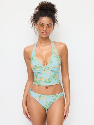Knit Fabric Halter Neckline Fruit Graphic Tankini Low Rise Cheeky Bikini Set For Vacation Swimming Pool Beach