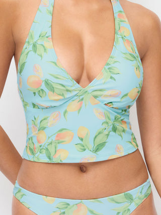Knit Fabric Halter Neckline Fruit Graphic Tankini Low Rise Cheeky Bikini Set For Vacation Swimming Pool Beach