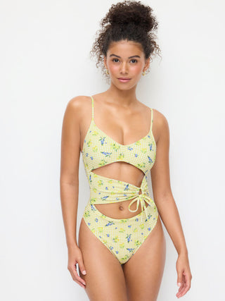 Sweetheart Gingham & Fruit Graphic Cut Out One Piece Swimsuit