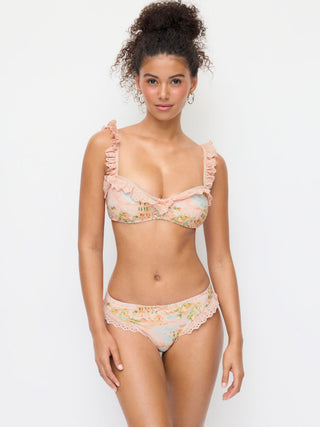 Knit Fabric Sweetheart Fruit Graphic Broderie Anglaise Bowknot Underwire Low Rise Cheeky Bikini Set For Vacation Swimming Pool Beach