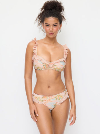 Knit Fabric Sweetheart Fruit Graphic Broderie Anglaise Bowknot Underwire Low Rise Cheeky Bikini Set For Vacation Swimming Pool Beach