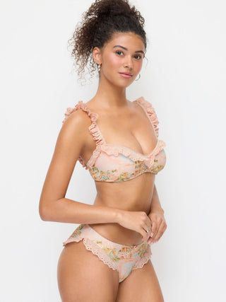 Knit Fabric Sweetheart Fruit Graphic Broderie Anglaise Bowknot Underwire Low Rise Cheeky Bikini Set For Vacation Swimming Pool Beach