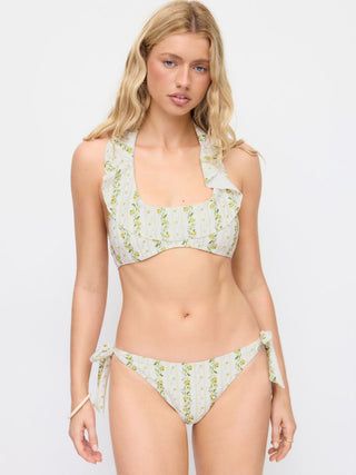 Knit Fabric Halter Neckline Lemon Stripe Graphic Ruffle Halter Low Rise Bikini Set For Vacation Swimming Pool Beach