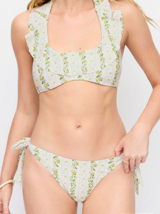 Knit Fabric Halter Neckline Lemon Stripe Graphic Ruffle Halter Low Rise Bikini Set For Vacation Swimming Pool Beach