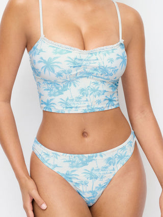Sweetheart Floral Lace Trim Ruched Tankini Low Rise Cheeky Bikini Set