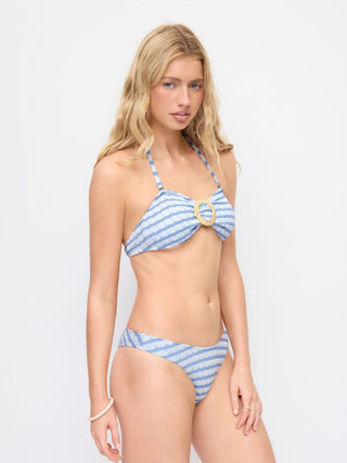Cotton-blend Halter Neckline Striped O-Ring Low Rise Cheeky Bikini Set With Sarong