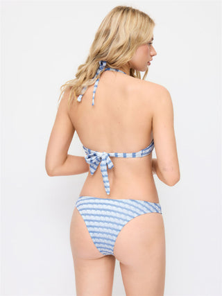 Cotton-blend Halter Neckline Striped O-Ring Low Rise Cheeky Bikini Set With Sarong