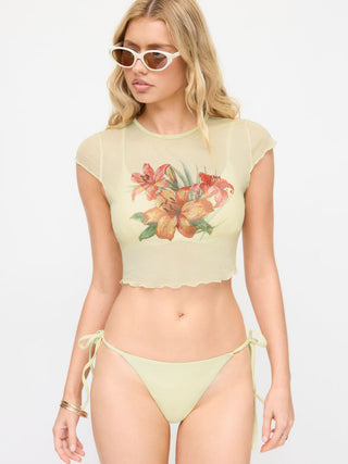 V-neck Ruched Tie Side Bikini Set With Floral Cover Up Top