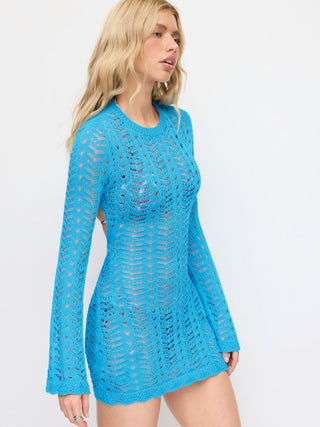 Knit Pointelle Hollow Out Long Sleeve Cover Up Dress