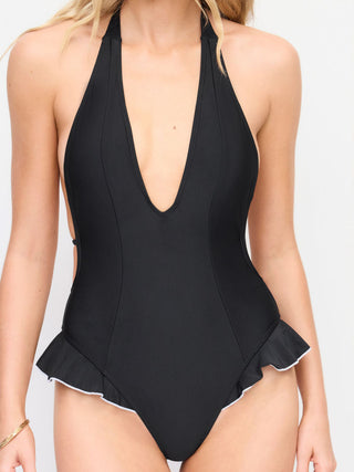 Halter V-neck Ruffle Hem Contrasting Binding One Piece Swimsuit
