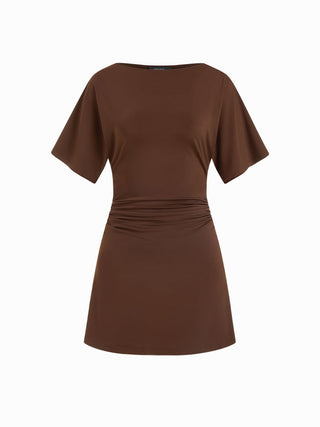 Boat Neck Short Sleeve Ruched A-line Mini Dress