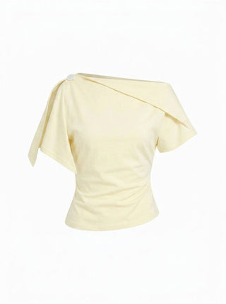 Cotton-blend Asymmetrical Neck Draped Button Short Sleeve Top