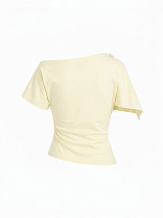 Cotton-blend Asymmetrical Neck Draped Button Short Sleeve Top