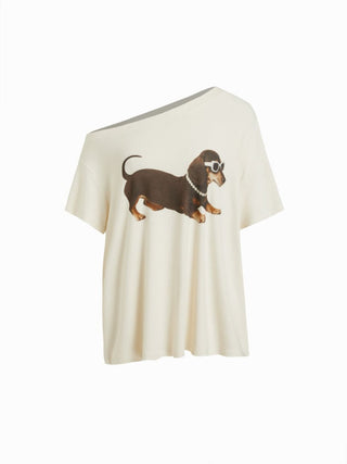 High Stretch Asymmetrical Neck Fish Graphic Oversized Short Sleeve Tee