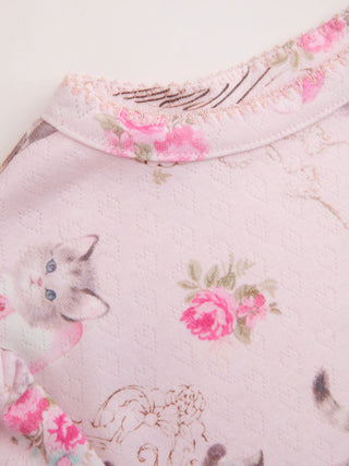 Cat & Floral Graphic Jacquard Puff Sleeve Tee