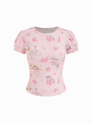 Cat & Floral Graphic Jacquard Puff Sleeve Tee