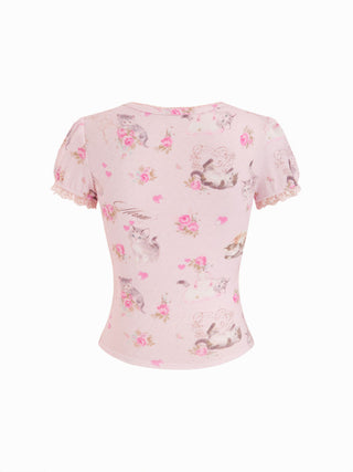Cat & Floral Graphic Jacquard Puff Sleeve Tee