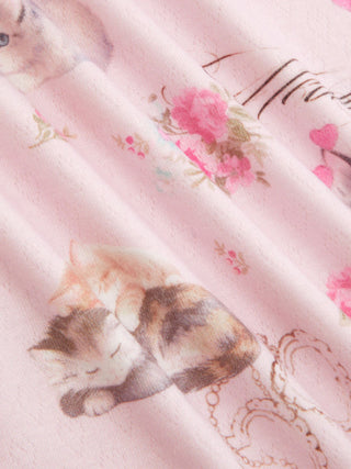 Cat & Floral Graphic Jacquard Puff Sleeve Tee