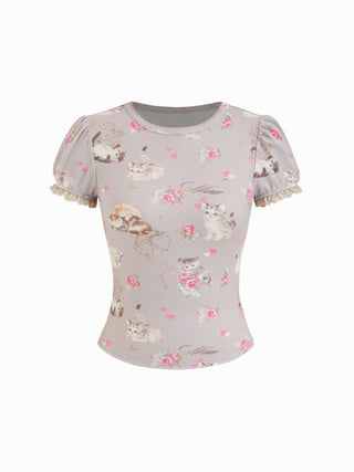 Cat & Floral Graphic Jacquard Puff Sleeve Tee