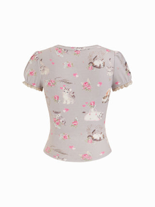 Cat & Floral Graphic Jacquard Puff Sleeve Tee