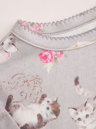 Cat & Floral Graphic Jacquard Puff Sleeve Tee