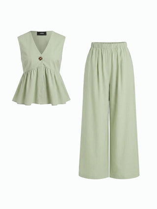 Linen-blend V-neck Ruched Peplum Top & Mid Rise Wide Leg Trousers Set