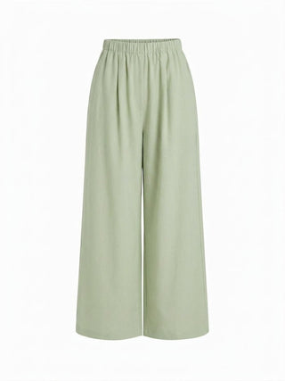 Linen-blend V-neck Ruched Peplum Top & Mid Rise Wide Leg Trousers Set