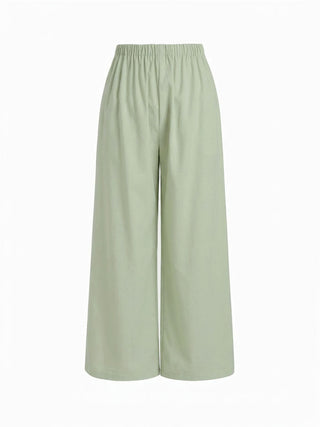 Linen-blend V-neck Ruched Peplum Top & Mid Rise Wide Leg Trousers Set