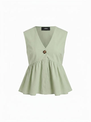 Linen-blend V-neck Ruched Peplum Top & Mid Rise Wide Leg Trousers Set