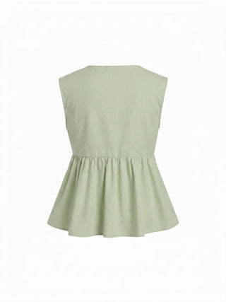 Linen-blend V-neck Ruched Peplum Top & Mid Rise Wide Leg Trousers Set