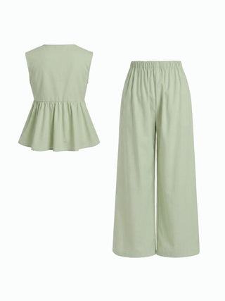 Linen-blend V-neck Ruched Peplum Top & Mid Rise Wide Leg Trousers Set