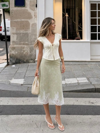 Jacquard Mid Rise Floral Lace Trim Mermaid Midi Skirt