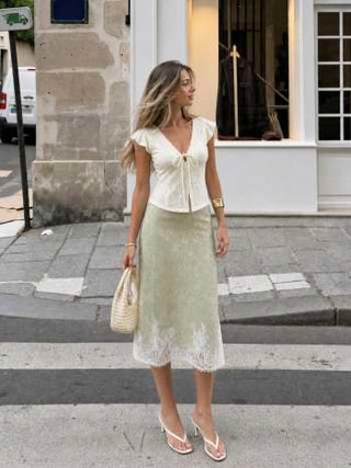 Jacquard Mid Rise Floral Lace Trim Mermaid Midi Skirt