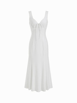 Linen-blend Sweetheart Lace Trim Tie Front Mermaid Maxi Dress