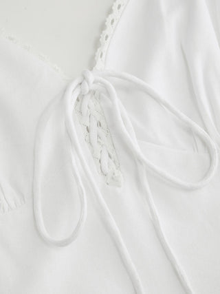 Linen-blend Sweetheart Lace Trim Tie Front Mermaid Maxi Dress