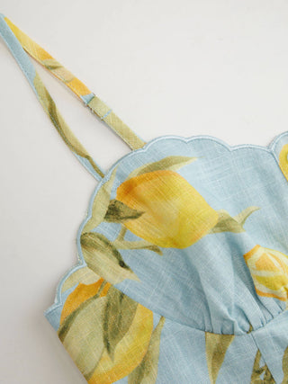 Linen-blend Lemon Graphic Sweetheart Scalloped Trim Cami Top