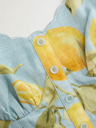 Linen-blend Lemon Graphic Sweetheart Scalloped Trim Cami Top