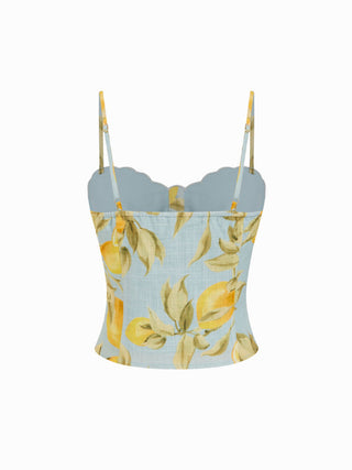 Linen-blend Lemon Graphic Sweetheart Scalloped Trim Cami Top