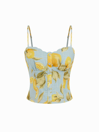 Linen-blend Lemon Graphic Sweetheart Scalloped Trim Cami Top