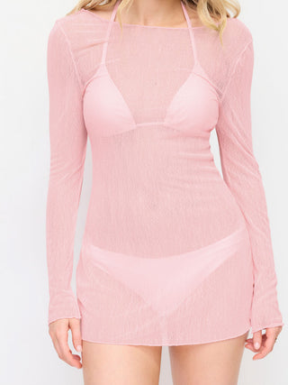 Knit Fabric Halter Neckline Triangle Bikini Set With Sheer Cover Up Dress For Vacation Beach