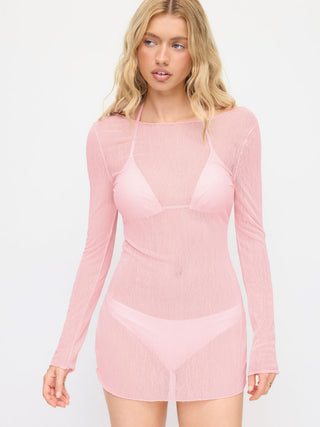 Knit Fabric Halter Neckline Triangle Bikini Set With Sheer Cover Up Dress For Vacation Beach