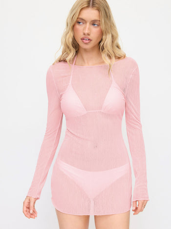 Knit Fabric Halter Neckline Triangle Bikini Set With Sheer Cover Up Dress For Vacation Beach