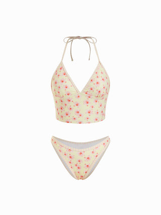 Halter Neckline Floral Tie Back Cheeky Bikini Set