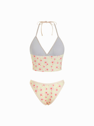 Halter Neckline Floral Tie Back Cheeky Bikini Set