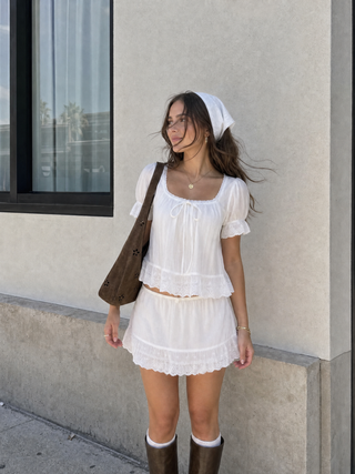 Cotton Lace Trim Knotted Short Puff Sleeve Blouse