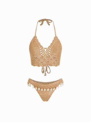 Knit Fabric Knit Halter Neckline Hollow Out Shell Detail Cover Up Set For Vacation Holiday Beach
